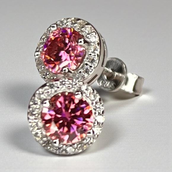 Sparkling One Carat Pink Moissanite Earrings Handcrafted Sterling Silver 925 - Picture 3 of 8